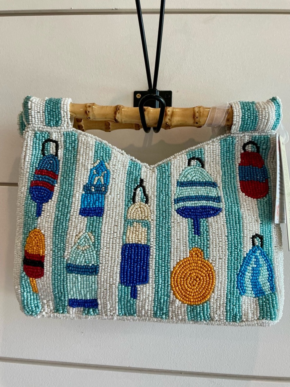 VIRAL BEADED Aqua & White Bamboo-Handle Clutch with Coastal Buoy Motifs